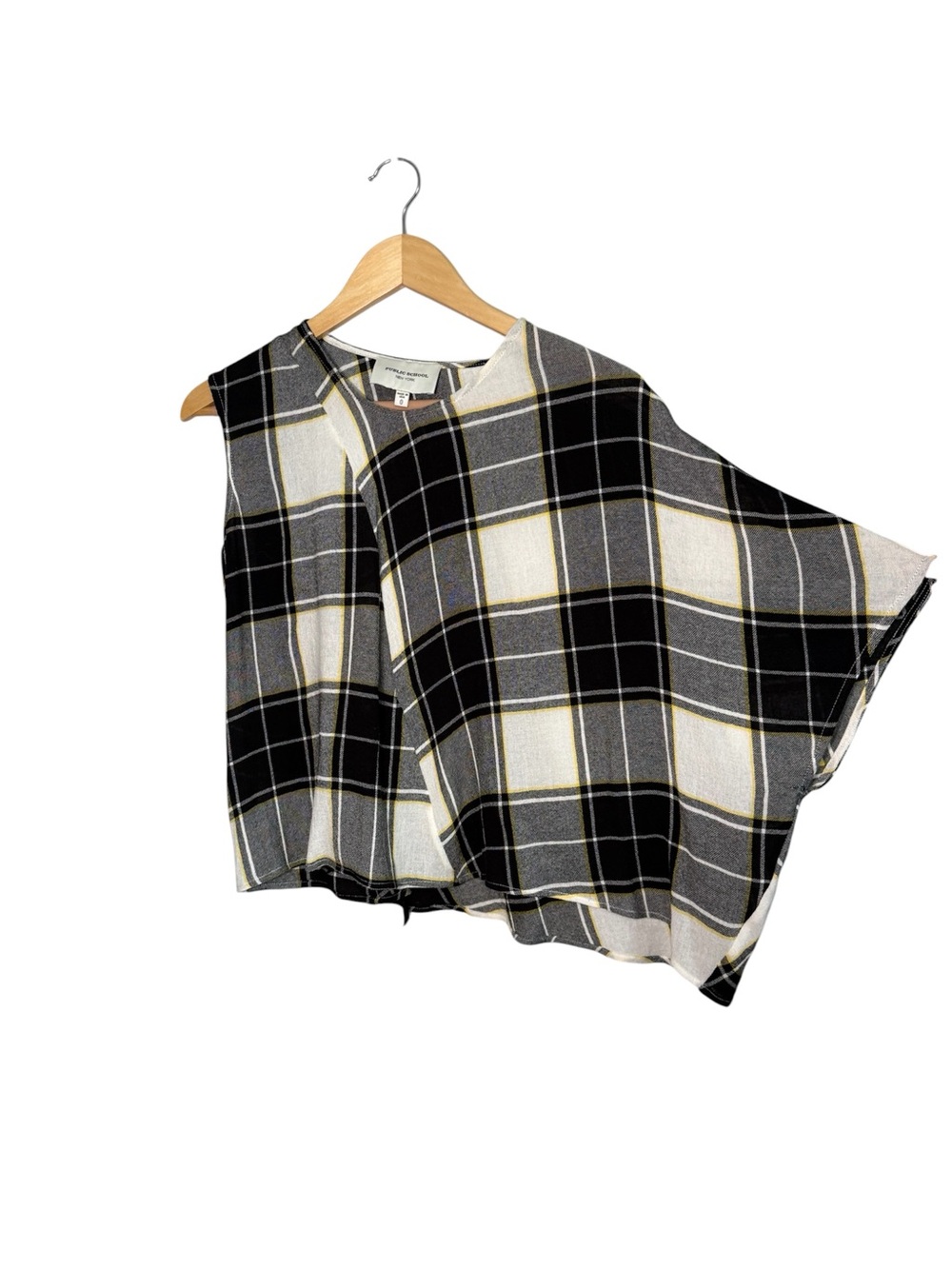 Public School NY Aloran Asymmetrical Plaid Top Black White Yellow Sz 0 - Picture 5 of 8